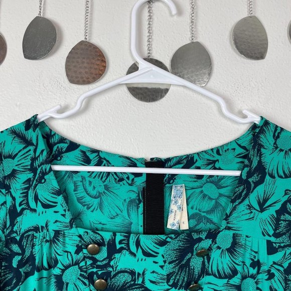 Maeve Teal Green Dress w/ Navy Florals & Buttons‎ - Picture 4 of 6